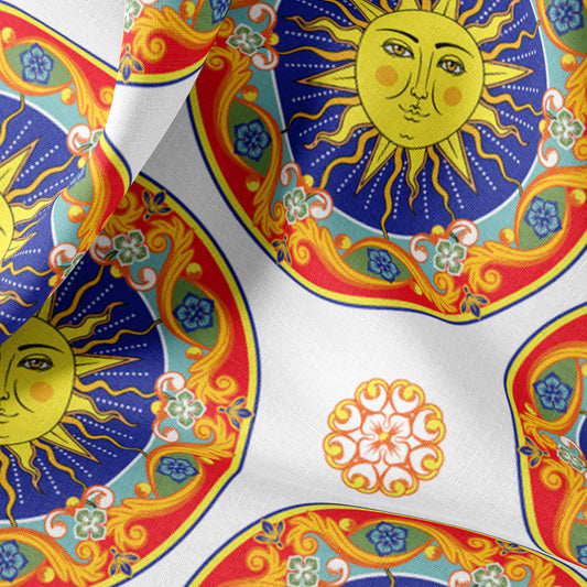 Ethnic Print Linen By The Yard or Meter, Mandala, Sun with Human Face Print Linen Fabric For Bedding, Curtains, Clothing & Upholstery