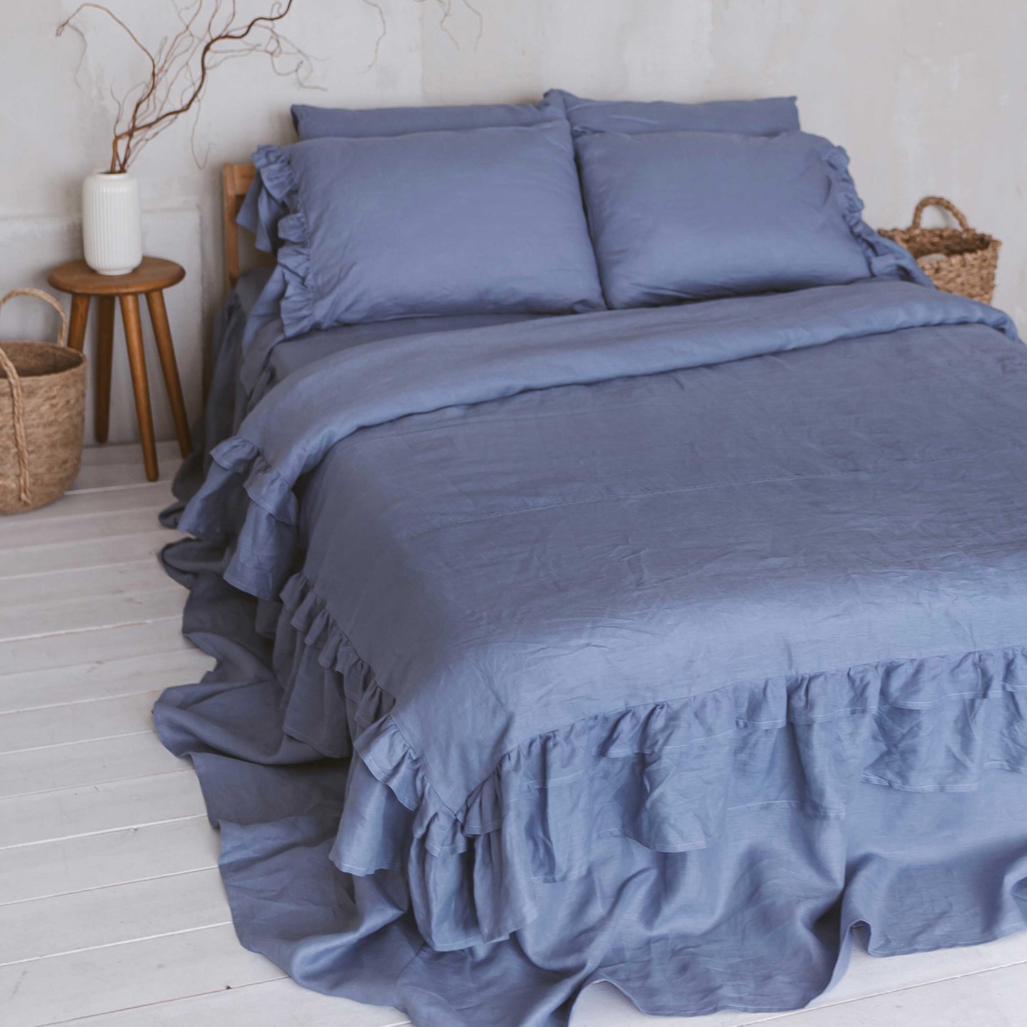 Luxury Linen Duvet Cover Set with Double Ruffles. Vintage Style Linen Bedding.