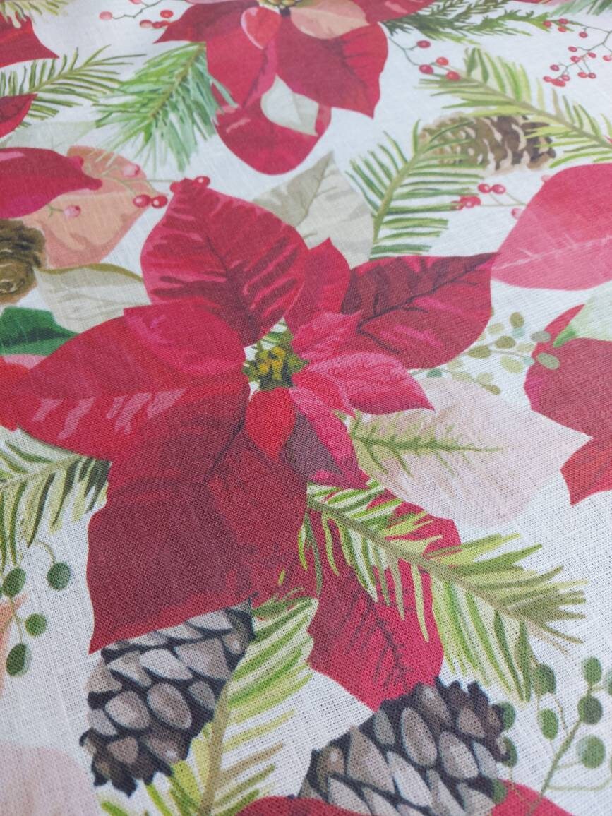 Christmas Linen By The Yard, Poinsettia Print Linen Fabric For Bedding, Curtains, Dresses, Clothing, Table Cloth & Pillow Covers