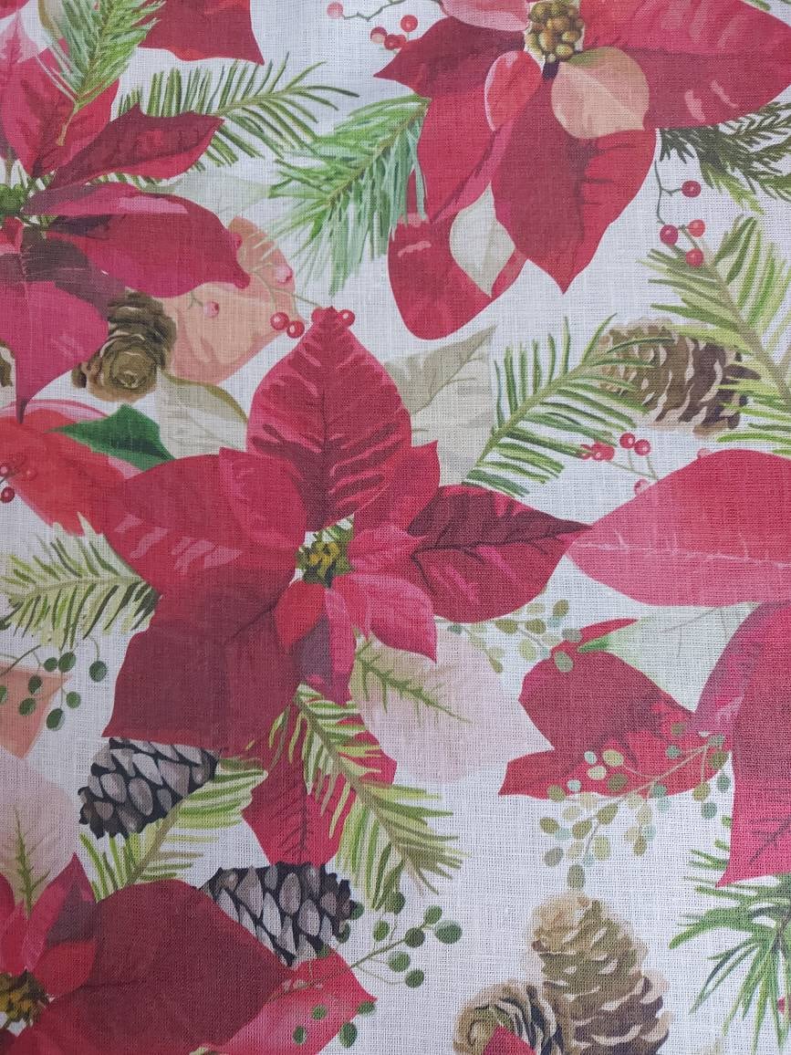 Christmas Linen By The Yard, Poinsettia Print Linen Fabric For Bedding, Curtains, Dresses, Clothing, Table Cloth & Pillow Covers