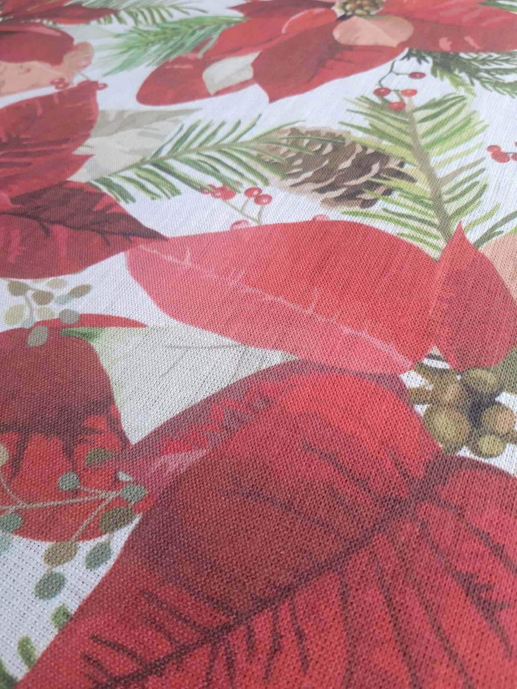 Christmas Linen By The Yard, Poinsettia Print Linen Fabric For Bedding, Curtains, Dresses, Clothing, Table Cloth & Pillow Covers