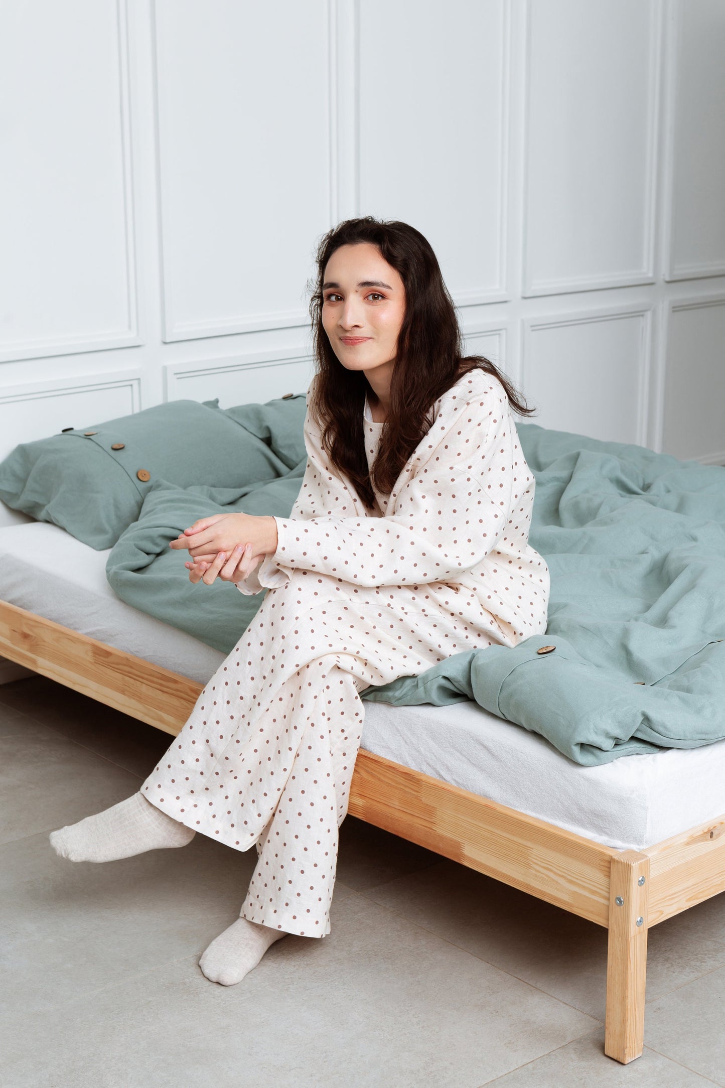 Dotted Long Sleeve Linen Pajama