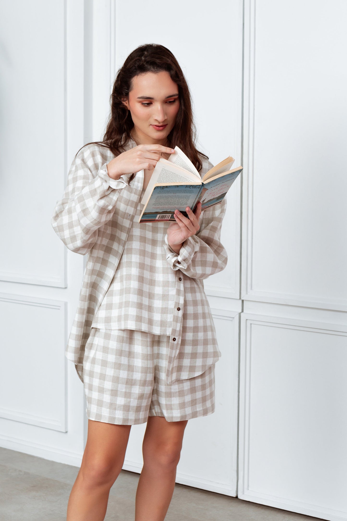 Soft Linen Pajama with Check Print Set. 3 Piece Pajama Set.