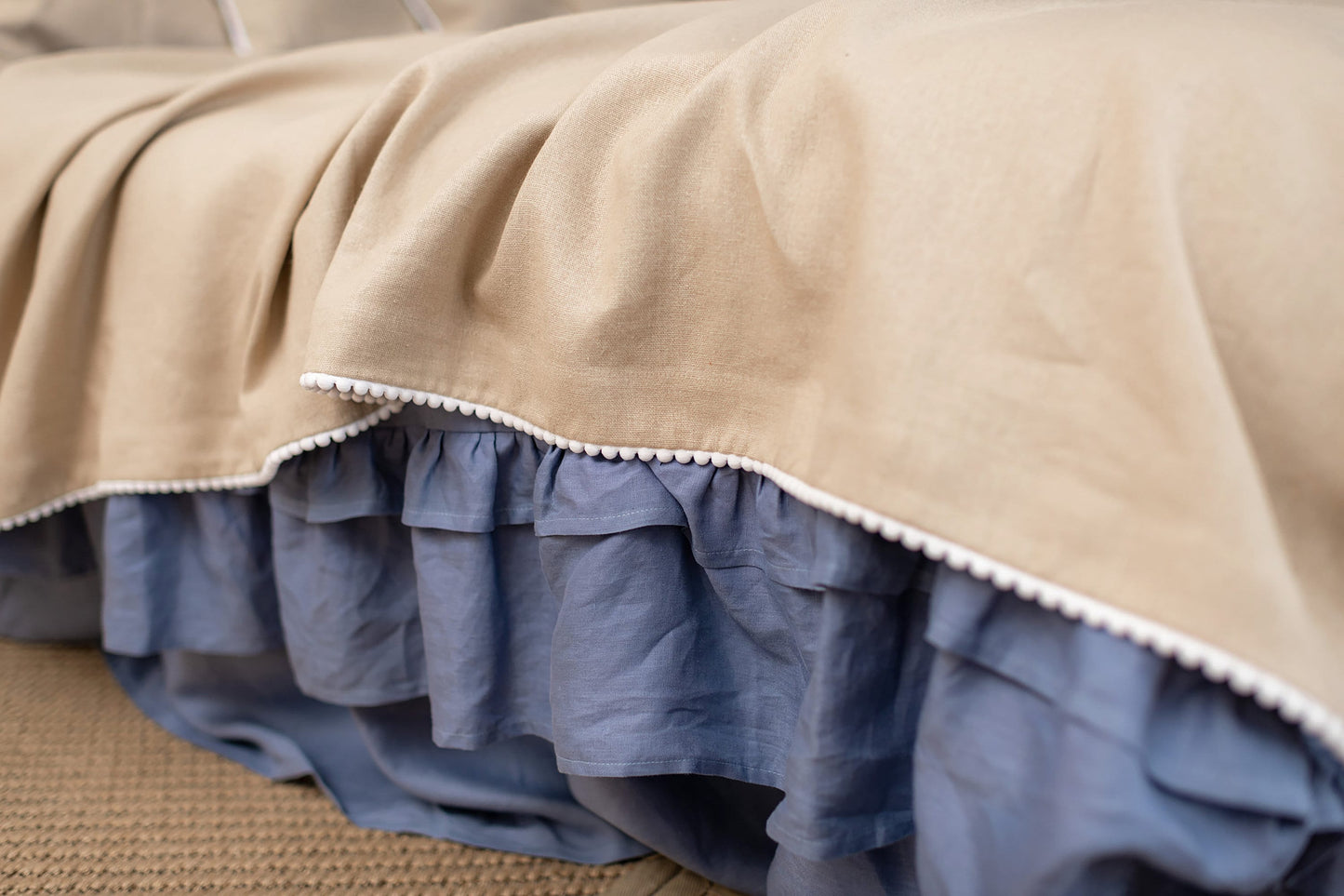 Natural Linen Blanket with Pom Poms