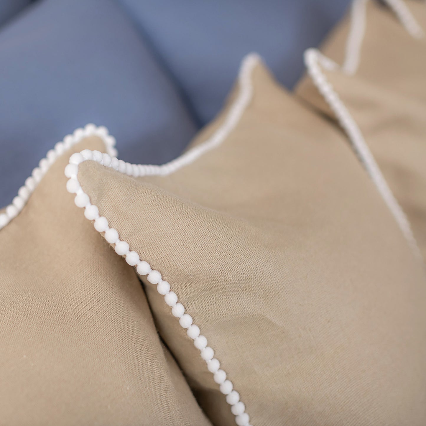 Decorative Linen Cushion with Pom Poms